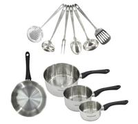 Fackelmann 9446150 Set 1 poêle 20 cm, 3 casseroles en inox 18/8 et 6 ustensiles inox, tous feux, induction, sans PFAS, Acier inoxydable 18/8, 12 16 20 cm