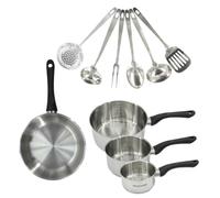Fackelmann 9446250 Set 1 poêle 24 cm, 3 casseroles en inox 18/8 et 6 ustensiles inox, tous feux, induction, sans PFAS, Acier inoxydable 18/8, 12 16 20 24 cm, Gris Plomb