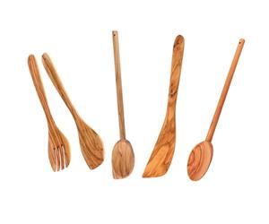 Fackelmann 9902050 Ensemble ustensiles de cuisine en bois d'olivier, 4 pièces, couverts à salade, cuillères, spatule, Bois d'olivier, 30 cm, Marron
