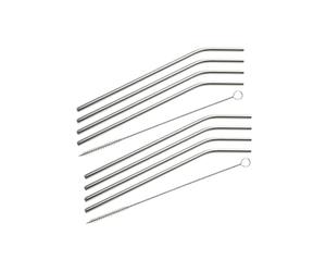 Fackelmann 9911250 Lot de 8 pailles incurvées en inox avec goupillons, pailles en inox incurvées, pailles réutilisables, pailles et goupillon de nettoyage, Acier inoxydable, Nylon, Argenté, 24 cm