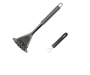 Fackelmann 9932550 Duo Presse Purée Manuel et Fourchette à Pomme de Terre, Presse-Purée, Broche à Pomme de Terre, Pique Pomme de Terre, Acier Inoxydable, Plastique, Argenté, Noir, 25,5 x 8,3 x 8 cm