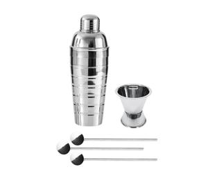 Fackelmann 9936950 Trio Cocktails avec Shaker à Cocktails 750 ml, Doseur à Alcool pour Cocktails 4 cl et 3 Cuillères à Cocktail Paille, Barman, Mixologie, Acier Inoxydable, Argenté, 26 x 8,5 x 8,5 cm