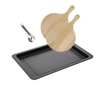Fackelmann 9938350 Ensemble pour pizza 1 plaque de cuisson 2 planches à pizza et 1 roulette à pizza, planche à pizza, plaque de four, roulette à pizza, Acier inoxydable, Bois, 42 x 29 x 2,5 cm