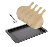 Fackelmann 9938450 Ensemble pour pizza 1 plaque de cuisson 4 planches à pizza et 1 roulette à pizza, planche à pizza, plaque de four, roulette à pizza, Acier inoxydable, Bois, 42 x 29 x 2,5 cm