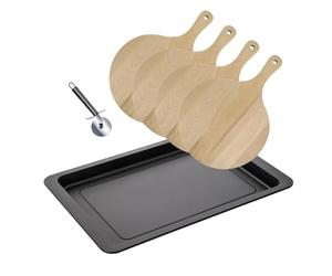 Fackelmann 9938450 Ensemble pour pizza 1 plaque de cuisson 4 planches à pizza et 1 roulette à pizza, planche à pizza, plaque de four, roulette à pizza, Acier inoxydable, Bois, 42 x 29 x 2,5 cm