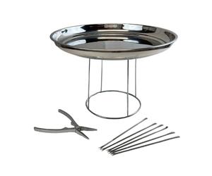 Fackelmann 9939650 Ensemble de 4 ustensiles de cuisine pour fruits de mer, plateau fruits de mer, curette à crustacés, pince à homard, support plateau, Chromé, Acier inoxydable, 34,7 cm