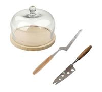 Fackelmann 9987850 Ensemble 3 pièces spécial dégustation et présentation du Fromage avec Cloche en Verre et Plateau en Bois et 2 Couteaux spécifiques à Fromage, Bois, Verre, INOX, de 11,5 à 15,5 cm