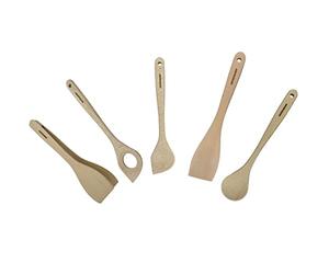 Fackelmann 9990050 Ensemble ustensiles de Cuisine en Bois de hêtre, 5 pièces, Pince de Cuisine, cuillère à Risotto, à Riz, spatule, cuillère, Bois FSC, Environ 30 cm