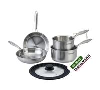 Fackelmann Batterie 2 poêles 20/26 cm, 2 casseroles, 1 ustensile | 2 poêles 2 casseroles et 1 couvercle adaptable, Inox 18 10, 14 à 26 cm, Induction four lave vaisselle