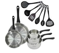 Fackelmann Batterie 2 poêles 24/28 cm, casseroles et ustensiles | Kit complet cuisson réuni, 2 poêles 3 casseroles 6 ustensiles, Inox et RPET, Induction four lave vaisselle, Sans PFAS