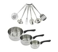 Fackelmann 9446050 Set 3 casseroles 12 16 et 20 cm en inox 18/8 et 6 ustensiles inox, tous feux, induction, sans PFAS, Acier inoxydable 18/8, 12 16 20 cm, Gris Pierre