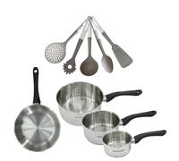 Fackelmann Batterie 3 casseroles, poêle 20 cm, 5 ustensiles inox | Polyvalence cuisine en un lot, 3 casseroles 1 poêle, Inox RPET, Induction vitrocéramique gaz, Ø 12 16 20 cm et Ø 20 cm