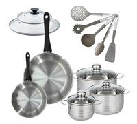 Fackelmann Batterie cuisine 7 pieces 16-28 cm + 5 ustensiles | Cuisson complète, 3 poêles et 5 ustensiles, Inox et verre, Formats 20 24 28 cm, Compatible induction, 2 Couvercles, Faitout