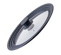 Fackelmann 688656 Couvercle universel adaptable 24 cm 26 cm et 28 cm, pour Casserole, Poêles, Marmites, Faitouts, Valve Cuisson à la Vapeur, Verre Trempé Haute Résistance, Silicone, Transparent, Noir