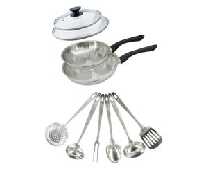 Fackelmann Ensemble Geneva 2 Poêles 20 et 24 cm Inox 18/8, 2 Couvercles Verre, 6 Ustensiles Inox, Poêle Tous Feux, Induction, Sans PFAS, Acier Inoxydable 18/8, Verre, Gris Ardoise