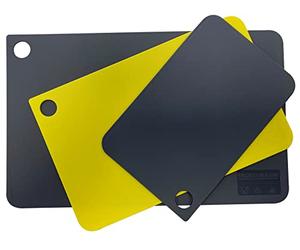 Fackelmann Lot de 3 planches à découper en plastique flexible XSlim, 3 tailles en couleurs gris et jaune selon HACCP, lavables au lave-vaisselle 38,5 x 24 cm - 31,5 x 20 cm - 24,5 x 16 cm