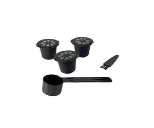 Fackelmann Lot de Capsules Réutilisables Compatibles Nespresso | Café moulu à votre goût, Lot de 3 capsules, Format compact 3 7 x 2,7 cm, Plastique noir, Usage Nespresso