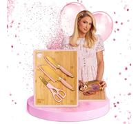 FACKELMANN Paris Hilton - Lot de 6 couteaux en acier inoxydable avec planche à découper en bambou - Comprend un couteau Santoku, un couteau à éplucher, des ciseaux de cuisine et une planche à découper
