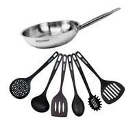 Fackelmann 9437250 Poêle 28 cm en Inox avec 6 Ustensiles - Tous Feux et Induction Sans PFAS, Manche Riveté en Acier Inoxydable 18/8, Gris