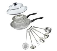 Fackelmann Set 2 poêles inox 20 et 28 cm, couvercles et 6 ustensiles inox