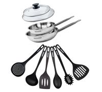 Fackelmann 9439150 Set 2 poêles 20 et 24 cm en Acier inox 18/8, 2 Couvercles verre et 6 ustensiles, Poêle tous feux, Poêle induction, Poêle sans PFAS, Manche riveté, Inox, Verre, Plastique, 20 24 cm