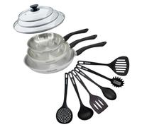 Fackelmann Set 3 poêles inox 20, 24 et 28 cm, couvercles et 6 ustensiles