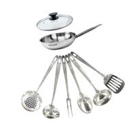 Fackelmann 9439950 Set poêle 20 cm en inox 18/8, Couvercle verre et 6 ustensiles inox, Poêle tous feux, Poêle induction, Poêle sans PFAS, Manche riveté, Inox, Verre, 20 cm