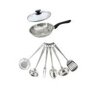 Fackelmann 9445350 Set poêle 20 cm en inox 18/8, Couvercle verre et 6 ustensiles inox, Poêle de cuisson, Poêle tous feux, Poêle induction, Poêle sans PFAS, Acier inoxydable 18/8, Verre, 20 cm