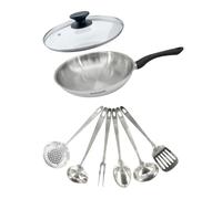 Fackelmann Set poêle inox 28 cm, couvercle verre et 6 ustensiles inox | Cuisson complète, Poêle 28 cm, Couvercle verre, 6 ustensiles inox, Tous feux induction, Sans PFAS