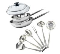 Fackelmann Set poêles inox 24 et 28 cm, couvercle et 6 ustensiles inox