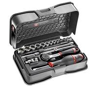 FACOM - Coffret Douilles 1/4" 6 Pans Métriques - R.161-3P6 - 19 Pièces avec 1 Cliquet, 13 Douilles, 2 Rallonges, 1 Cardan, 1 Poignée Coulissante, 1 Poignée de Tournevis - Coffret et Plateau Inclus