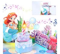 FaCraft Cartes d'anniversaire musicales pour filles - Carte d'anniversaire sirène 3D faite à la main avec musique et lumières, bougie soufflante, avec enveloppe, insert vierge, cadeau d'anniversaire
