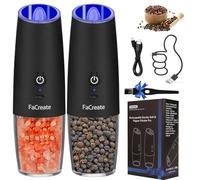 FaCreate Ensemble moulin à sel et poivre électrique à gravité rechargeable par USB, alimenté par piles, salière et poivrière à fonctionnement automatique, lumière LED réglable (noir)
