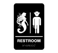 Factory Crafts Panneau autocollant ADA amusant unisexe pour salle de bain/toilettes avec ruban adhésif double face | Sirène et pirate | Conforme à l'ADA | Noir 22,9 x 15,2 cm | Fabriqué aux États-Unis