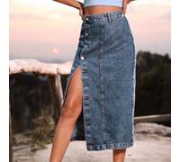 FACULX Jupe d'été décontractée à taille haute pour femme | Jupe en jean mi-longue A-Line couleur unie tendance pour streetwear y2k taille élastique extensible confortable au quotidien