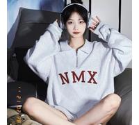 FACULX Veste polaire en polyester recy nti-bouloches pour femme | Demi-fermeture éclair, coupe ample, motif gris, élasticité modérée, haut de longueur régulière