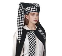 FAD-4U Chapeau bouffon avec clochettes noir et blanc motif diamant arlequin pour Halloween Noël Accessoire de costume (noir et blanc, L)