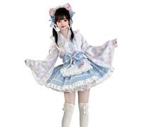 FAD-4U Costume de soubrette Lolita de style japonais 4 pièces - Robe kimono pour femme - Haut à manches longues + jupe + tablier + ruban Obi - Cosplay pour Halloween, festival scolaire, événements