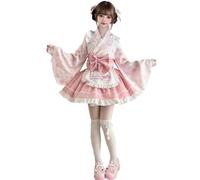 FAD-4U Costume de soubrette Lolita de style japonais 4 pièces - Robe kimono pour femme - Haut à manches longues + jupe + tablier + ruban Obi - Cosplay pour Halloween, festival scolaire, événements