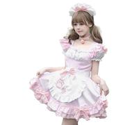 FAD-4U Costume de soubrette pour femme - Robe Lolita à manches courtes inspirée des chats avec ruban à carreaux, ras du cou cloche, jupon et accessoires | Tenue de cosplay pour café d'Halloween