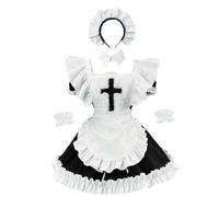FAD-4U Robe de soubrette gothique Lolita - Motif croix bleu marine et blanche - Avec tablier à volants et bandeau (noir, taille 4XL)