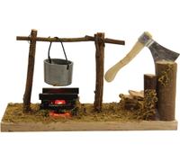 FADEDA Feu de camp avec hache, LED / hauteur:7 cm / peint à la main / figurines de crèche détaillées - Noël Table Décoration Accessoires de crèche