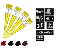 FADEDA Lot de 4 cônes en pâte de henné 100 % naturel, marron naturel, marron, noir, 100 g + 8 autocollants