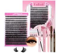 Fadlash Kit d'extension de cils DIY - 0.07D Curl Mix 8-16mm 100D Fluffy Wispy, cils clusters individuels avec colle et scellant, set de cils avec dissolvant et pinces, avec eyeliner marron