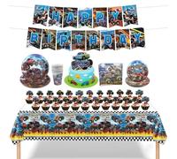 FAELNK Vaisselle Monster Truck Anniversaire Ensemble de vaisselle de fête Monster Truck Assiettes en Papier Gobelets Nappe Serviettes Bannière Côtelettes de Gâteau pour Garçons et Filles 10 invités