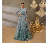 FAERIESTY Robe de soirée élégante à col montant, manches longues, coupe évasée, ornée de perles/sequins pour galas de prestige, tapis rouges, mariages de luxe, grands banquets et événements de bienfai