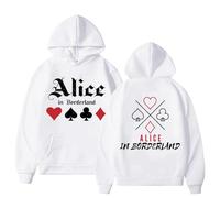 FAEWARE Sweat À Capuche Homme Ali-ce in Borderland Merch Motif Pull Style Unisexe Manches Longues Grandes Tailles Disponibles-White||m