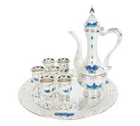 Fafeicy Cadre de café Turc de Style Ottoman 6 Pièces en Alliage Zinc Tasse de thé et Collection de Pot avec Plateau de Service (Sliver Blanc Bleu)