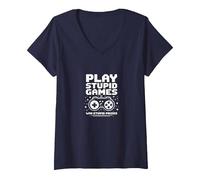 FAFO Play Stupid Games Win Stupid Prizes Gamer Humour T-Shirt avec Col en V, Femme, Bleu Marine, M