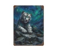 FAGERERO Tigre blanc céleste sur un affleurement rocheux Décoration murale Art Métal Poster Moderne Bar Décorations 40 x 30 cm